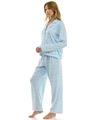 Sincerely Jules Women's Long Sleeve Top And Bottom 2-piece Notch Collar Set In Blue