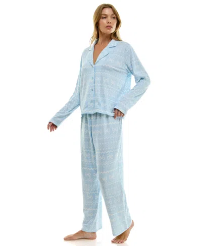 Sincerely Jules Women's Long Sleeve Top And Bottom 2-piece Notch Collar Set In Blue