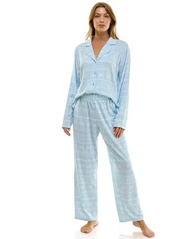 Sincerely Jules Women's Long Sleeve Top And Bottom 2-piece Notch Collar Set In Blue