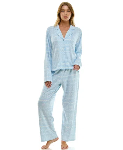 Sincerely Jules Women's Long Sleeve Top And Bottom 2-piece Notch Collar Set In Blue