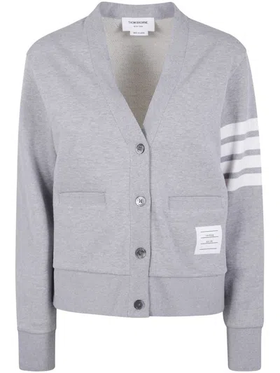 Thom Browne Striped Cotton V-neck Cardigan Pockets In Gray