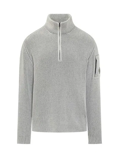 C.p. Company Ribbed Knit With Half Zip And Lens Pocket In Gray