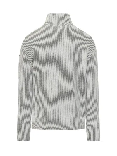 C.p. Company Ribbed Knit With Half Zip And Lens Pocket In Gray