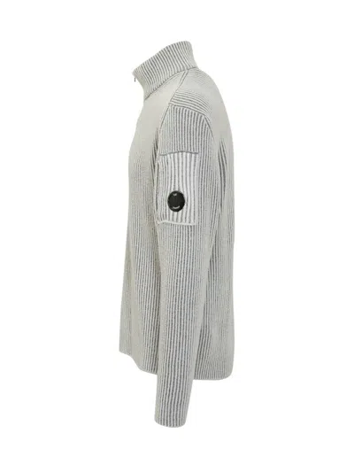 C.p. Company Ribbed Knit With Half Zip And Lens Pocket In Gray