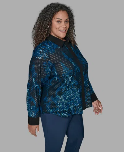 Karl Lagerfeld Karl Lagerfield Paris Plus Size Trim Printed Woven Top In Blue