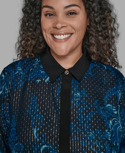 Karl Lagerfeld Karl Lagerfield Paris Plus Size Trim Printed Woven Top In Blue