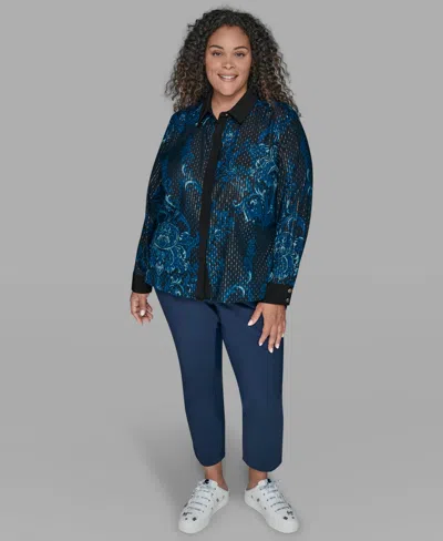Karl Lagerfeld Karl Lagerfield Paris Plus Size Trim Printed Woven Top In Blue