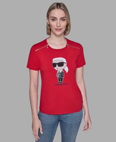 Karl Lagerfeld Women's Crewneck Embellished Zip Shoulder T-shirt In Red