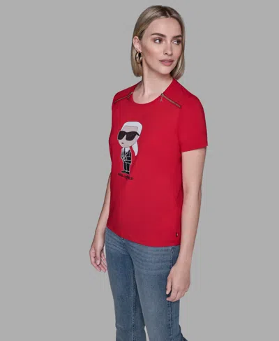 Karl Lagerfeld Women's Crewneck Embellished Zip Shoulder T-shirt In Red