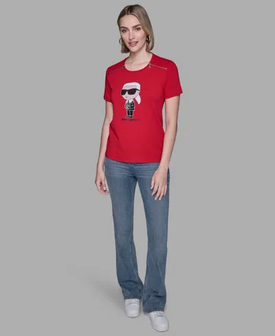 Karl Lagerfeld Women's Crewneck Embellished Zip Shoulder T-shirt In Red
