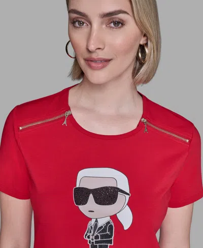Karl Lagerfeld Women's Crewneck Embellished Zip Shoulder T-shirt In Red