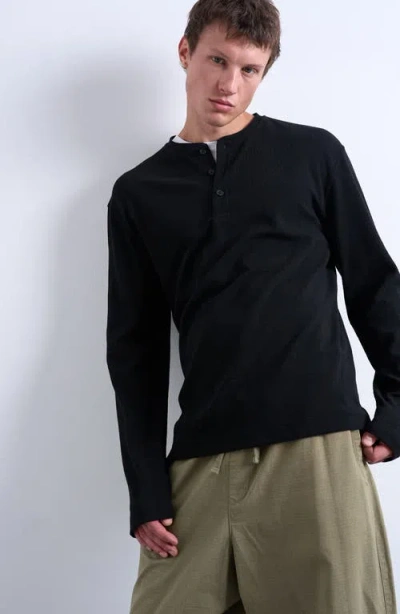 Topman Long Sleeve Ribbed Henley T-shirt In Black