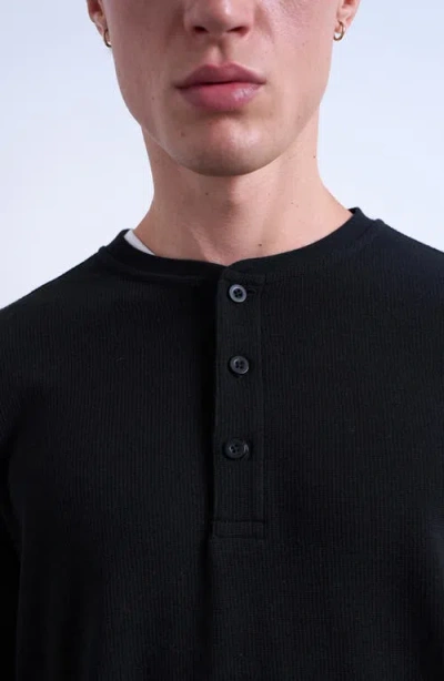 Topman Long Sleeve Ribbed Henley T-shirt In Black