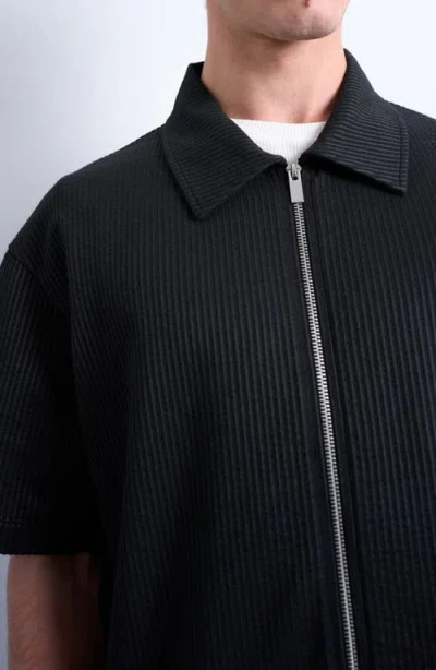 Topman Seersucker Zip-up Shirt In Black