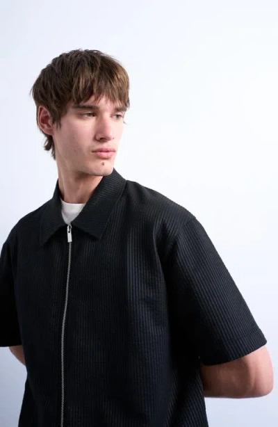 Topman Seersucker Zip-up Shirt In Black