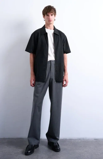 Topman Seersucker Zip-up Shirt In Black