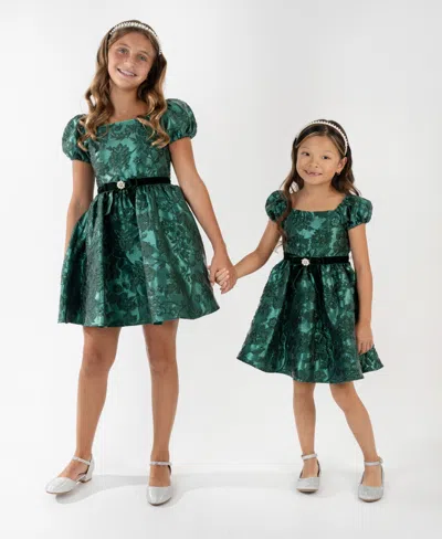 Rare Editions Girls 7-16 Brocade Puff Sleeves Dress In Green