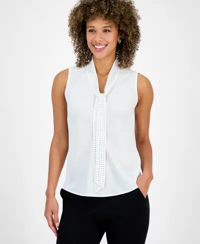Kasper Plus Size Embellished Tie-front Sleeveless Top In White