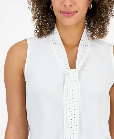 Kasper Plus Size Embellished Tie-front Sleeveless Top In White
