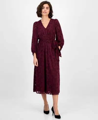 Anne Klein Women's Jacquard V-neck 3/4-sleeve Midi Dress In Burgundy