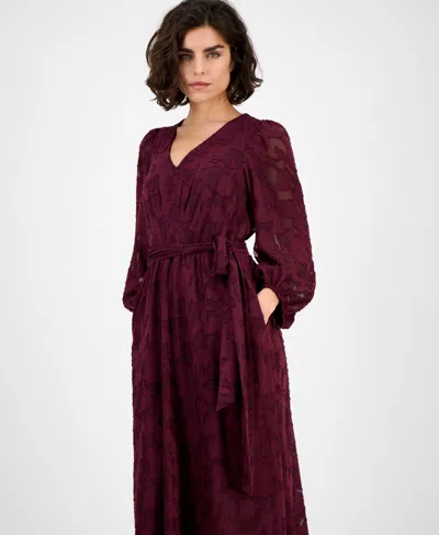 Anne Klein Women's Jacquard V-neck 3/4-sleeve Midi Dress In Burgundy