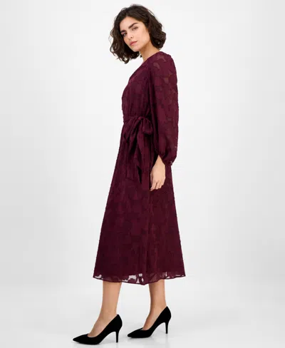 Anne Klein Women's Jacquard V-neck 3/4-sleeve Midi Dress In Burgundy