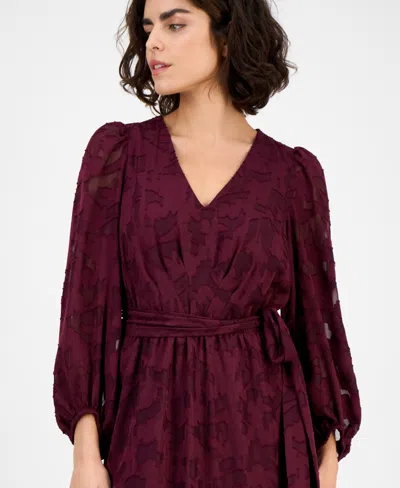Anne Klein Women's Jacquard V-neck 3/4-sleeve Midi Dress In Burgundy
