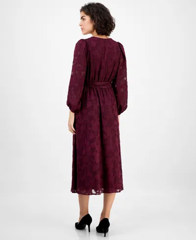 Anne Klein Women's Jacquard V-neck 3/4-sleeve Midi Dress In Burgundy