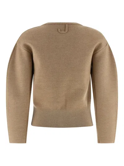 Jacquemus Le Gilet Doppio Beige Cardigan With Round Neck And Ribbed Trims In Wool Blend Stretch Woman In Neutral