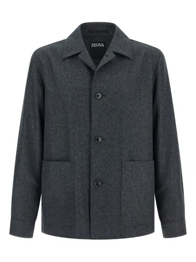 Zegna Wool Jacket Featuring Long Sleeves And Pockets In Gray