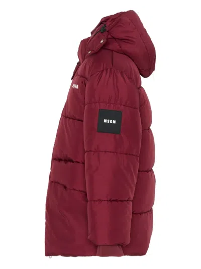 Msgm Burgundy Down Jacket For Kids With Logo In Red