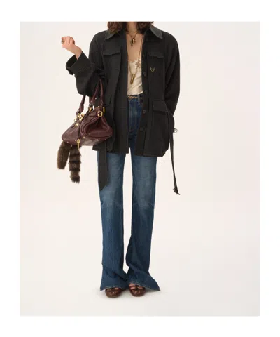 Chloé Wool Belted Jacket With Leather Collar Clothing In Black
