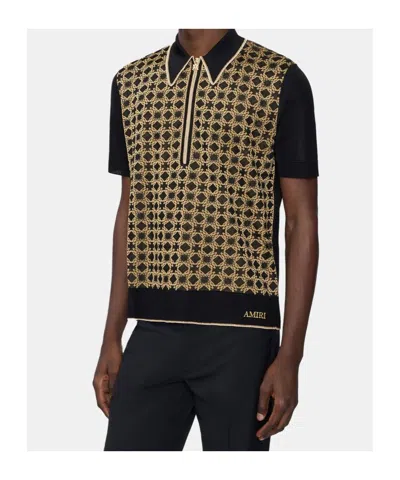 Amiri Mens Black Quad Zip Monogram Knitted Polo Shirt In Black