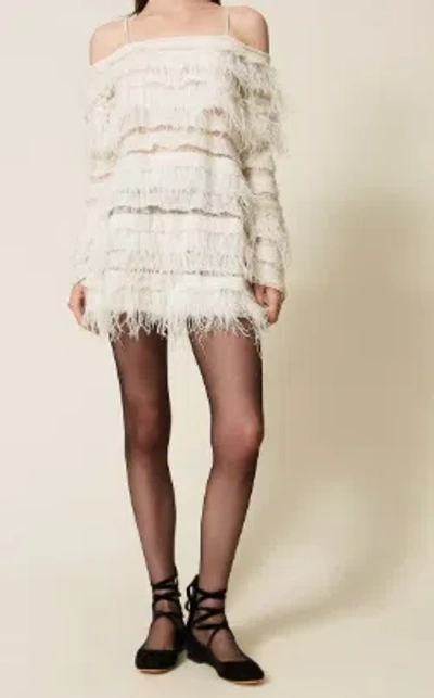 Twinset Off-shoulder Feather-detail Dress In Neutral