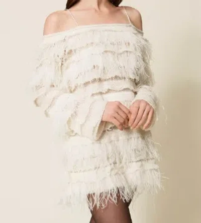 Twinset Off-shoulder Feather-detail Dress In Neutral