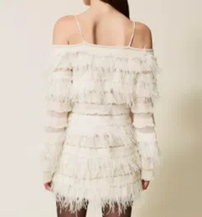 Twinset Off-shoulder Feather-detail Dress In Neutral