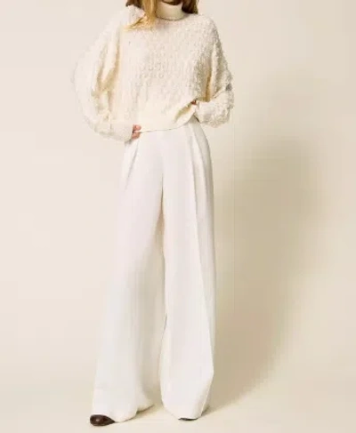 Twinset Twin-set Textured Knit Sweater With High Neckline And Oversized Sleeves In White
