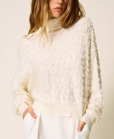 Twinset Twin-set Textured Knit Sweater With High Neckline And Oversized Sleeves In White