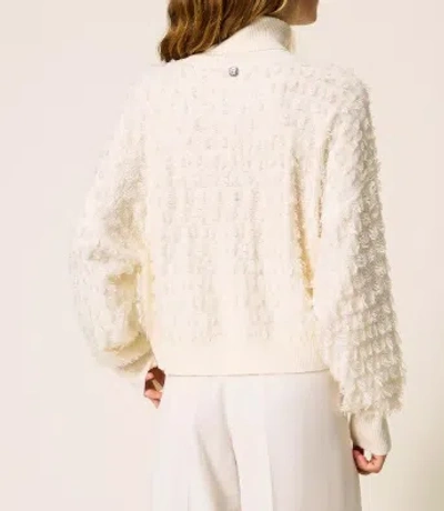 Twinset Twin-set Textured Knit Sweater With High Neckline And Oversized Sleeves In White