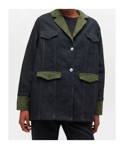 Ganni Melange Twill Denim Oversized Blazer In Black