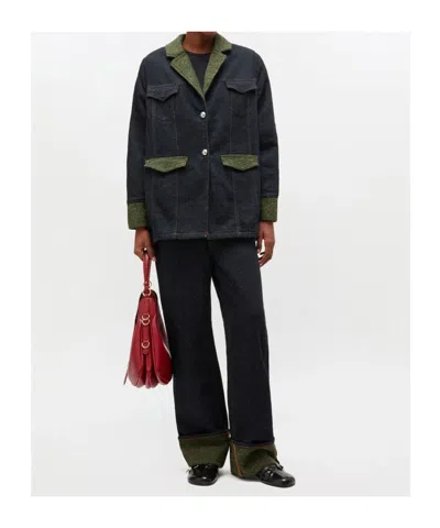 Ganni Melange Twill Denim Oversized Blazer In Black