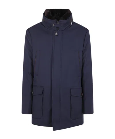 Moorer Short Jacket Featuring High Collar And Pockets In Blue
