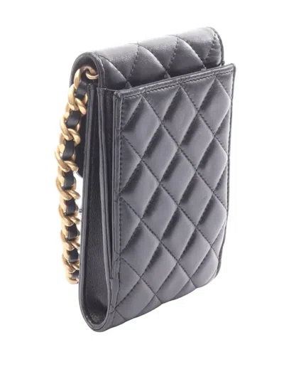 Pre-owned Chanel 2021 Quilted Cc Lambskin Lacquered Chain Phone Holder Crossbody Bag In Black