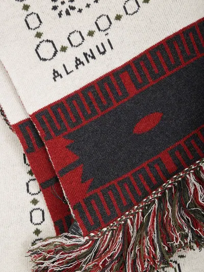 Alanui Fringed Multicolor Wool Scarf With Geometric Motifs In Red