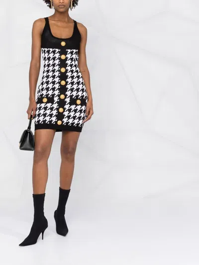 Balmain Houndstooth Motif Two-tone Dress With Golden Buttons In Black
