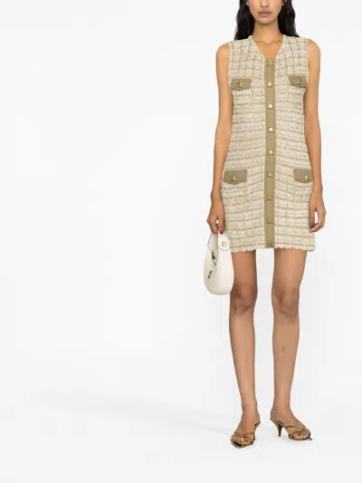 Balmain Textured Tweed Short Dress With Front Pockets In Neutral