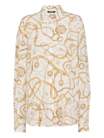Balmain Logo Printed Silk Shirt In Neutral