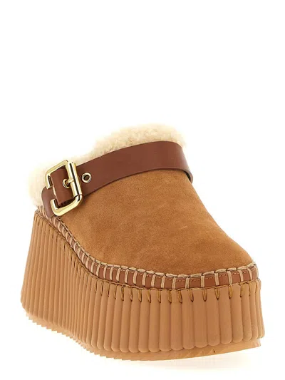 Chloé Nama 80 Shearling-lined Suede Platform Mules In Brown