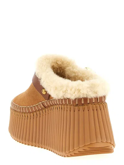 Chloé Nama 80 Shearling-lined Suede Platform Mules In Brown