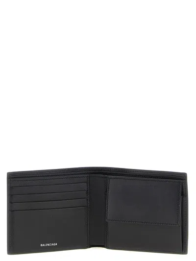 Balenciaga Men Black Bi-fold Wallet With Logo Lettering On The Front In Grained Leather Man In Black